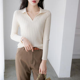 气质翻领纯色打底衫女装春秋内搭针织衫修身套头薄款毛衣长袖上衣