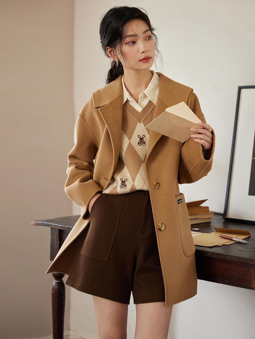 【年终特卖】熙世界驼色非正式学院风双面羊绒大衣女士秋冬小个子羊毛呢短外套 商品图0