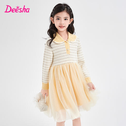 笛莎Deesha童装女童连衣裙2023冬季新款香风肌理毛织拼接连衣裙 商品图0