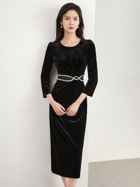 优雅显瘦，中长裙宴会礼服裙重工钉钻丝绒连衣裙WLZD-2323210