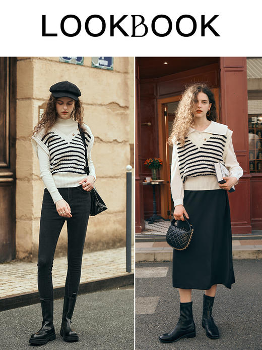 OLrain欧芮儿法式条纹V领马甲女秋装2023年新款宽松慵懒百搭背心 商品图3