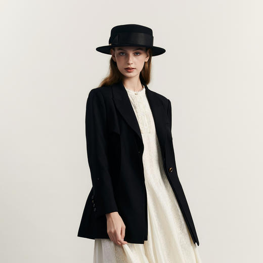 谜底黑色西装外套女2023冬款通勤修身一粒扣中长款西服234ME1455 商品图1