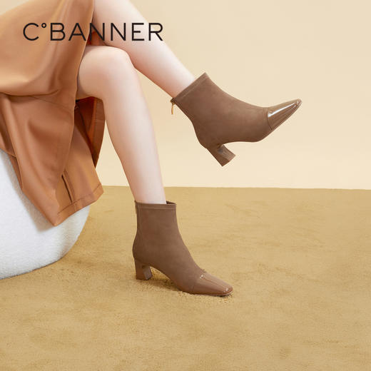 千百度百搭时装靴秋冬粗跟短靴女美拉德棕色高跟靴女鞋A23589721 商品图2