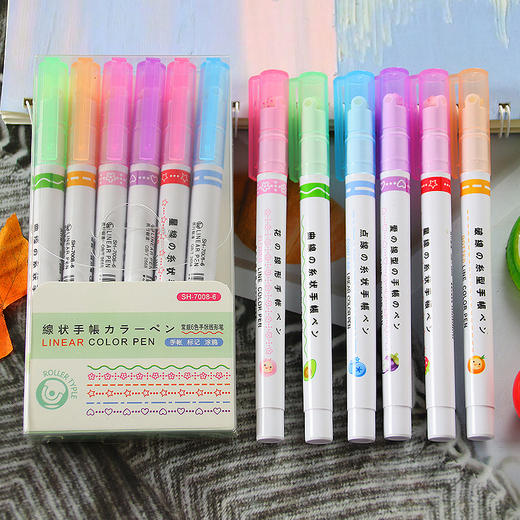 【涂鸦标记，随心选择 拍一发二！】网红曲线荧光笔6支装彩色手账笔波浪花型轮廓笔 学生划重点标记笔 商品图1