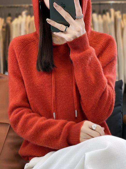 2023年秋冬新款韩版女士连帽长袖针织衫女士外地套头纯色针织帽衫 商品图3