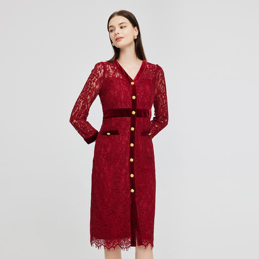 NG850斯尔丽2023秋季新款法式优雅拼接丝绒小香风感蕾丝连衣裙 商品图2