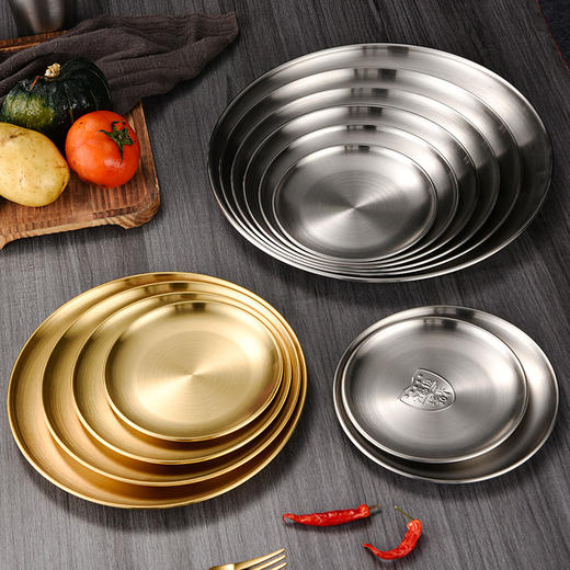 【复古圆盘，304不锈钢创意！】韩式烤肉盘304不锈钢盘自助简约金色托盘圆盘菜盘吐骨碟烧烤盘子 商品图2