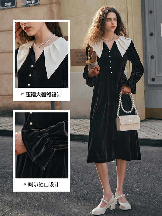 OLrain欧芮儿黑色连衣裙女秋季2023新款收腰复古赫本风大翻领裙子 商品图2