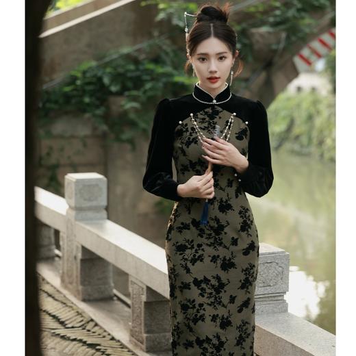 BJS-8603复古气质民国风丝绒旗袍 秋季新款改良日常新式显瘦旗袍裙8603 商品图1