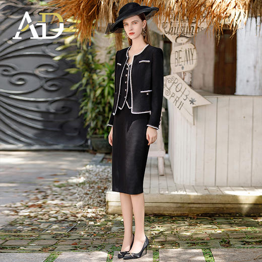 AD小香风粗花呢套装女2023秋装新款黑色编织外套正式场合三件套 商品图3
