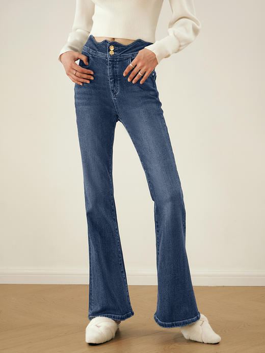 OLrain欧芮儿法式蓝色牛仔裤女秋装2023年新款高腰显瘦微喇裤子 商品图2