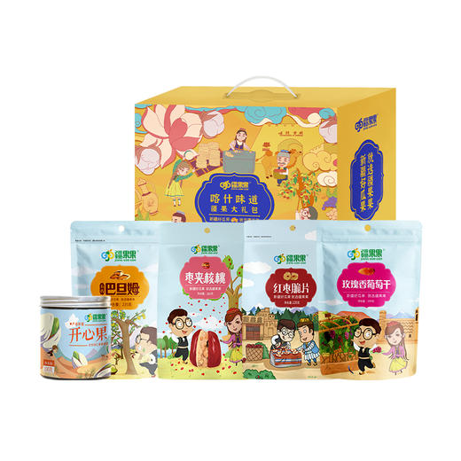 【疆果果】新疆特产 浓情疆果礼盒A款：开心果190g*1 红枣脆片128g*1 玫瑰香葡萄干260g*1 枣夹核桃280g*1 五香巴旦木235g*1 喀什味道疆果大礼包*1 商品图0