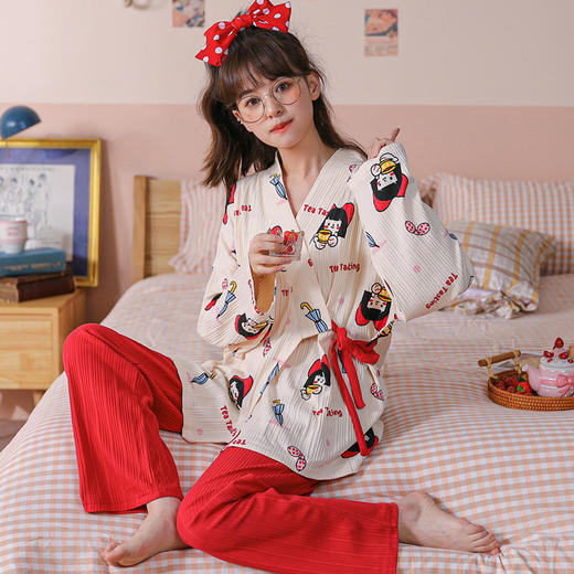 秋冬季【萌系长袖睡衣套装】 韩版系带家居服 舒适棉质  多款图案可选 商品图1