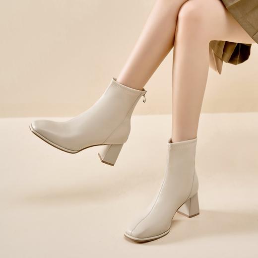 ZHR雅致方头绒暖短靴女2023冬季新款法式复古高跟女靴瘦瘦靴百搭 商品图5