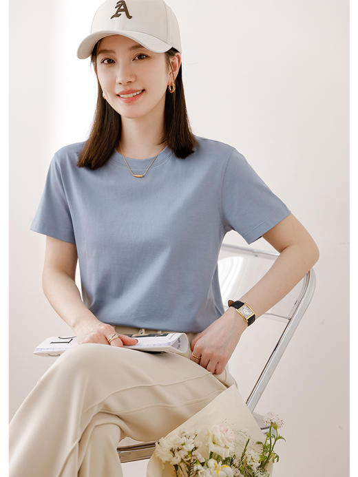 轻奢定制 棉柔速干! 春夏宽松显瘦打底纯色短袖女百搭圆领内搭薄T恤 商品图0