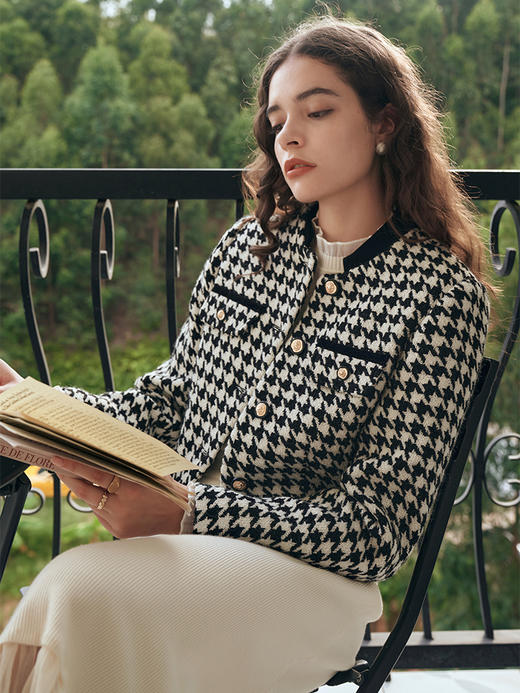 OLrain欧芮儿千鸟格短外套女秋季2023年新款立领正肩设计感上衣 商品图3