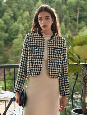 OLrain欧芮儿千鸟格短外套女秋季2023年新款立领正肩设计感上衣