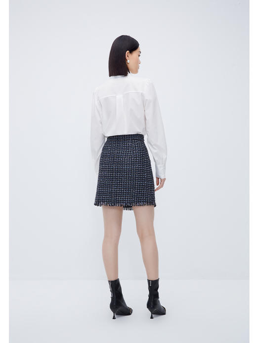 NEELLY纳俪商场同款牛仔撞色小香风半身裙女千鸟格高腰A字裙 短裙N23101E01022 商品图3