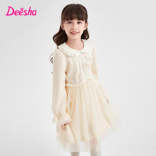 笛莎Deesha 童装女童连衣裙2023冬季新款国风翻领网纱拼接裙 商品图1