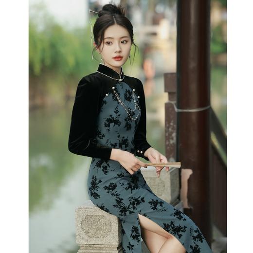 BJS-8602复古改良气质民国风丝绒旗袍 秋季新款日常新式显瘦旗袍裙8602 商品图3