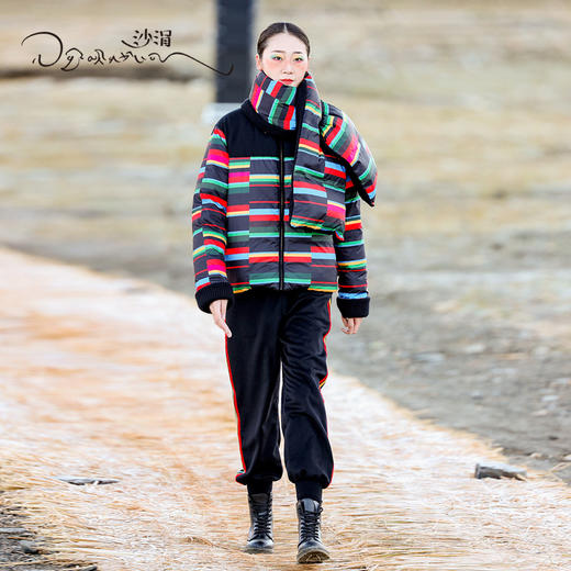 羊绒针梭相拼两面穿彩条鹅绒服SJF95W263W 商品图1