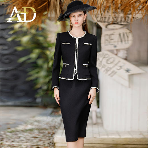 AD小香风粗花呢套装女2023秋装新款黑色编织外套正式场合三件套 商品图1