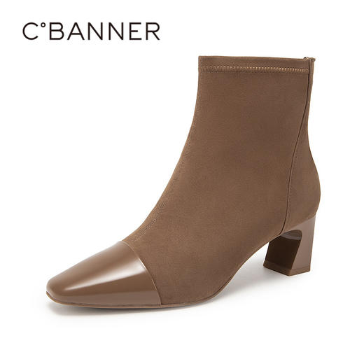 千百度百搭时装靴秋冬粗跟短靴女美拉德棕色高跟靴女鞋A23589721 商品图1