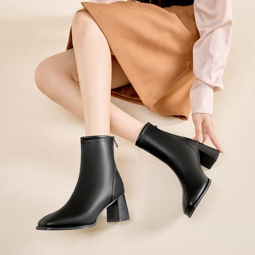 ZHR雅致方头绒暖短靴女2023冬季新款法式复古高跟女靴瘦瘦靴百搭 商品图2