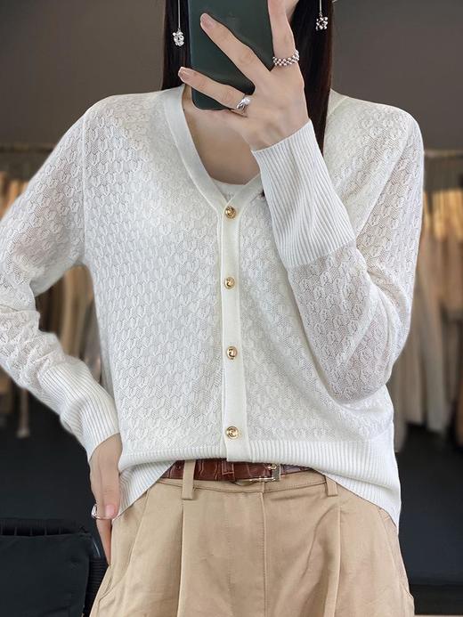 2023秋新款韩版女士V字领精纺羊毛长袖针织衫女士外搭单排扣开衫 商品图1