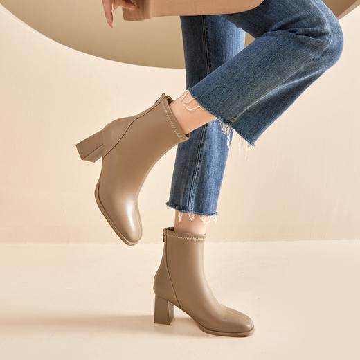 ZHR雅致方头绒暖短靴女2023冬季新款法式复古高跟女靴瘦瘦靴百搭 商品图11