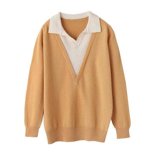 2023秋季女式针织衫套头毛衣女V领长袖假两件绒衫女 商品图4