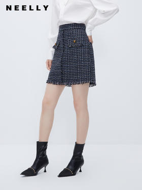 NEELLY纳俪商场同款牛仔撞色小香风半身裙女千鸟格高腰A字裙 短裙N23101E01022