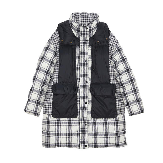 谜底连帽中长款羽绒服女2023冬款复古格子拼接鸭绒保暖234MY1500 商品图4