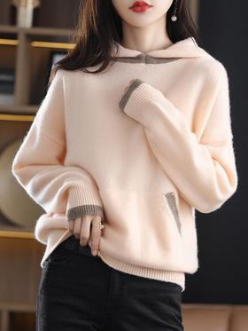 2023年秋冬新款韩版女士纯羊毛连帽长袖拼色带兜长袖帽衫女式外搭