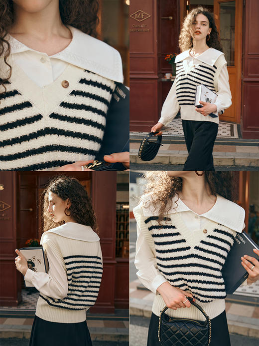 OLrain欧芮儿法式条纹V领马甲女秋装2023年新款宽松慵懒百搭背心 商品图1