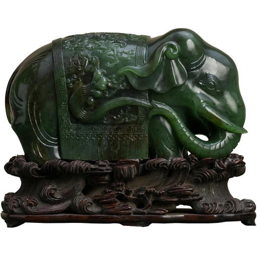 清 碧玉雕太平有象摆件（红木座） 商品图5