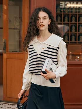 OLrain欧芮儿法式条纹V领马甲女秋装2023年新款宽松慵懒百搭背心