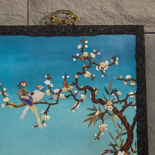 二十世纪 紫檀雕灵芝纹镶漆地百宝嵌花鸟纹挂屏（一对） 商品图1