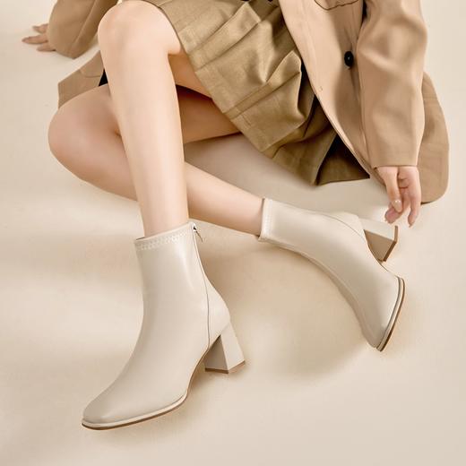ZHR雅致方头绒暖短靴女2023冬季新款法式复古高跟女靴瘦瘦靴百搭 商品图6