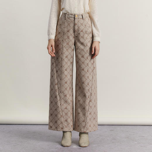 谜底提花牛仔阔腿裤女2023冬新款复古时髦高腰特色长裤234MK1498 商品图0