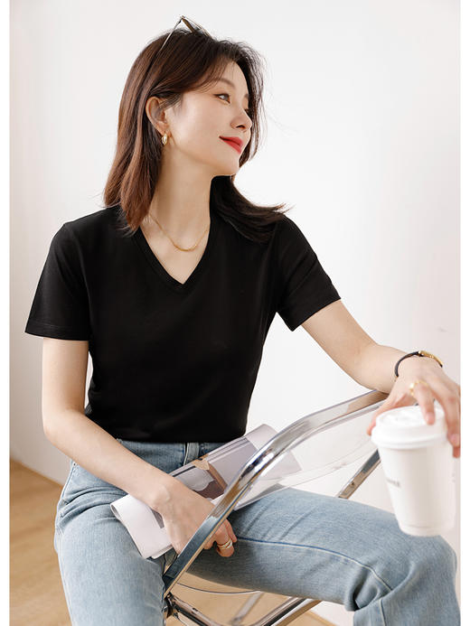 轻奢定制 棉柔速干! 春夏宽松显瘦打底纯色短袖女百搭圆领内搭薄T恤 商品图1