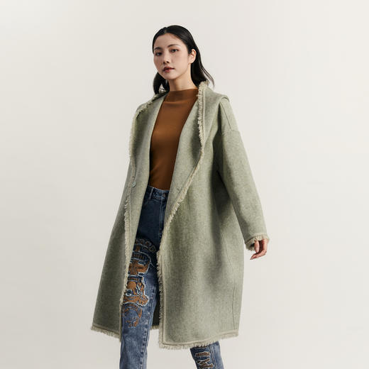 谜底连帽长款毛呢外套女2023冬款时髦宽松毛边呢子大衣234MD1513 商品图1