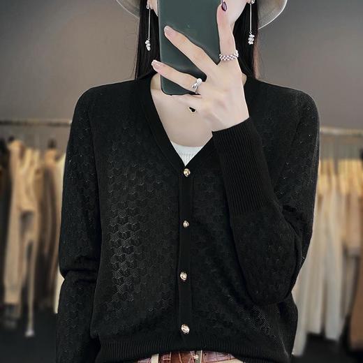 精纺羊毛开衫女秋装2023新款镂空外搭上衣洋气小衫宽松薄外套 商品图1