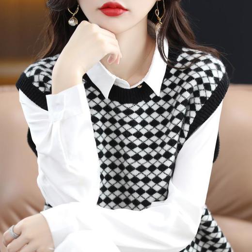棋盘格圆领叠穿套头马甲背心女新款休闲格子宽松针织坎肩毛衣女 商品图1