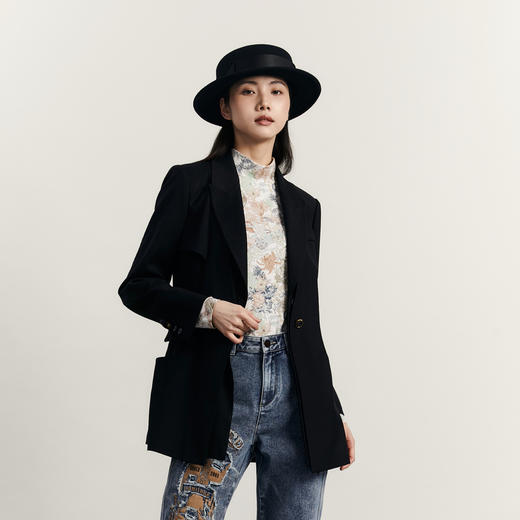 谜底黑色西装外套女2023冬款通勤修身一粒扣中长款西服234ME1455 商品图0