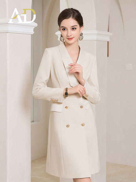 AD缎面连衣裙女2023新款米色长袖西服裙时尚气质正装连身裙 商品图4