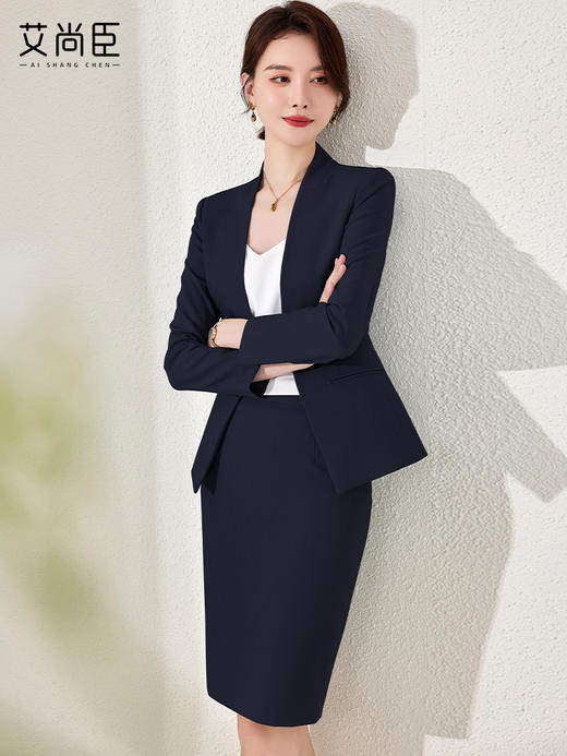 艾尚臣藏青色西装套裙气质女神范高端酒店前台接待职业工作服套装 商品图2