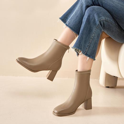 ZHR雅致方头绒暖短靴女2023冬季新款法式复古高跟女靴瘦瘦靴百搭 商品图9