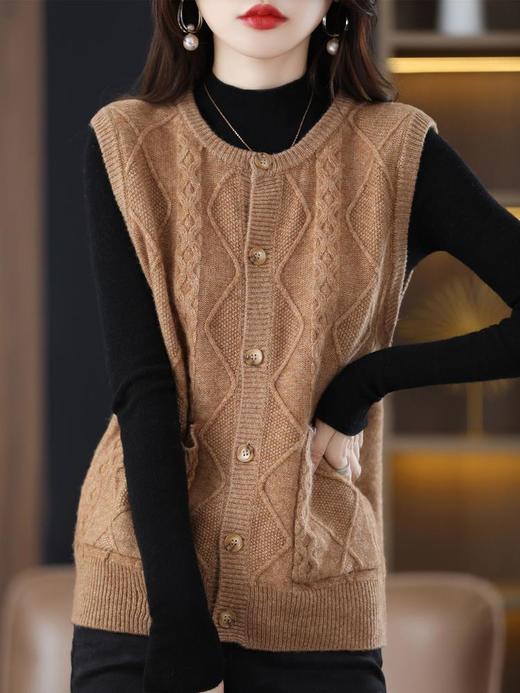 新款2023秋季韩系风日韩休闲女式马甲纯羊毛开衫圆领常规 商品图2