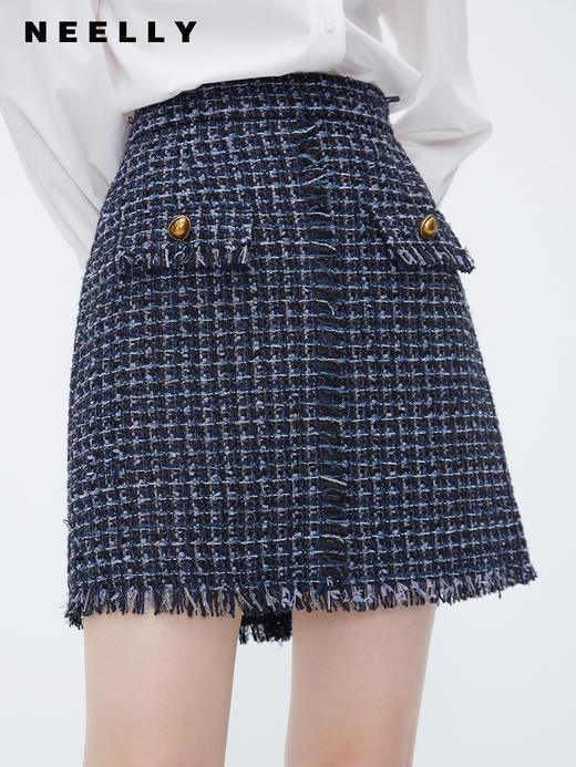 NEELLY纳俪商场同款牛仔撞色小香风半身裙女千鸟格高腰A字裙 短裙N23101E01022 商品图1